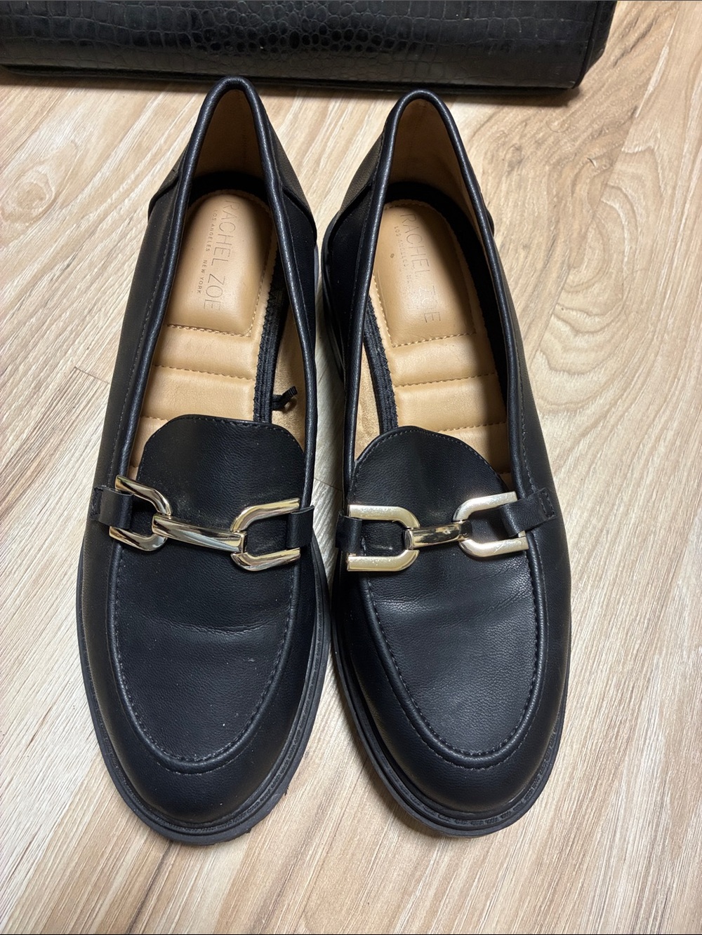 Rachel Zoe Black Leather Loafers with Silver Chain Accent